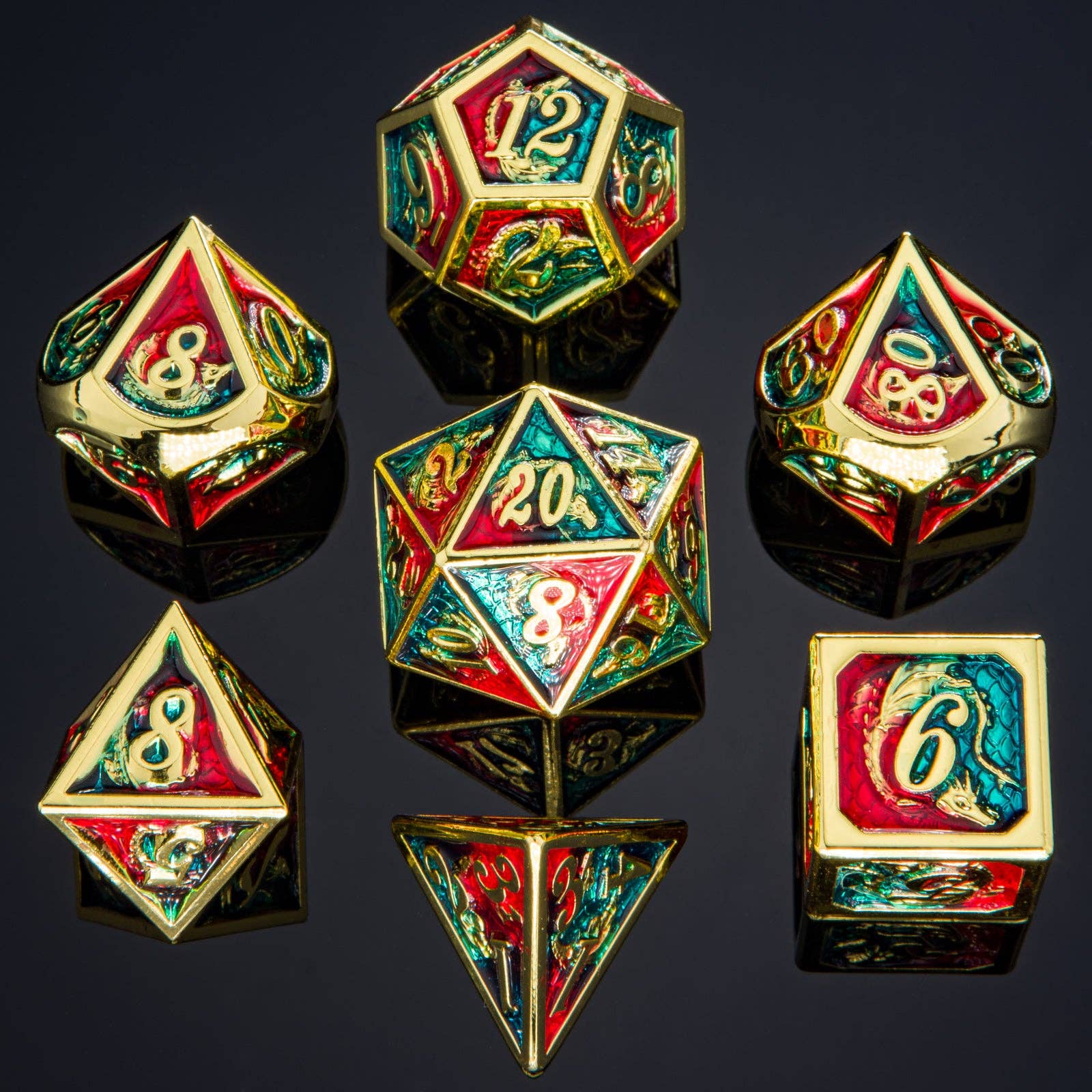 Solid Metal Dragon Polyhedral Dice - Gold w/ red and blue