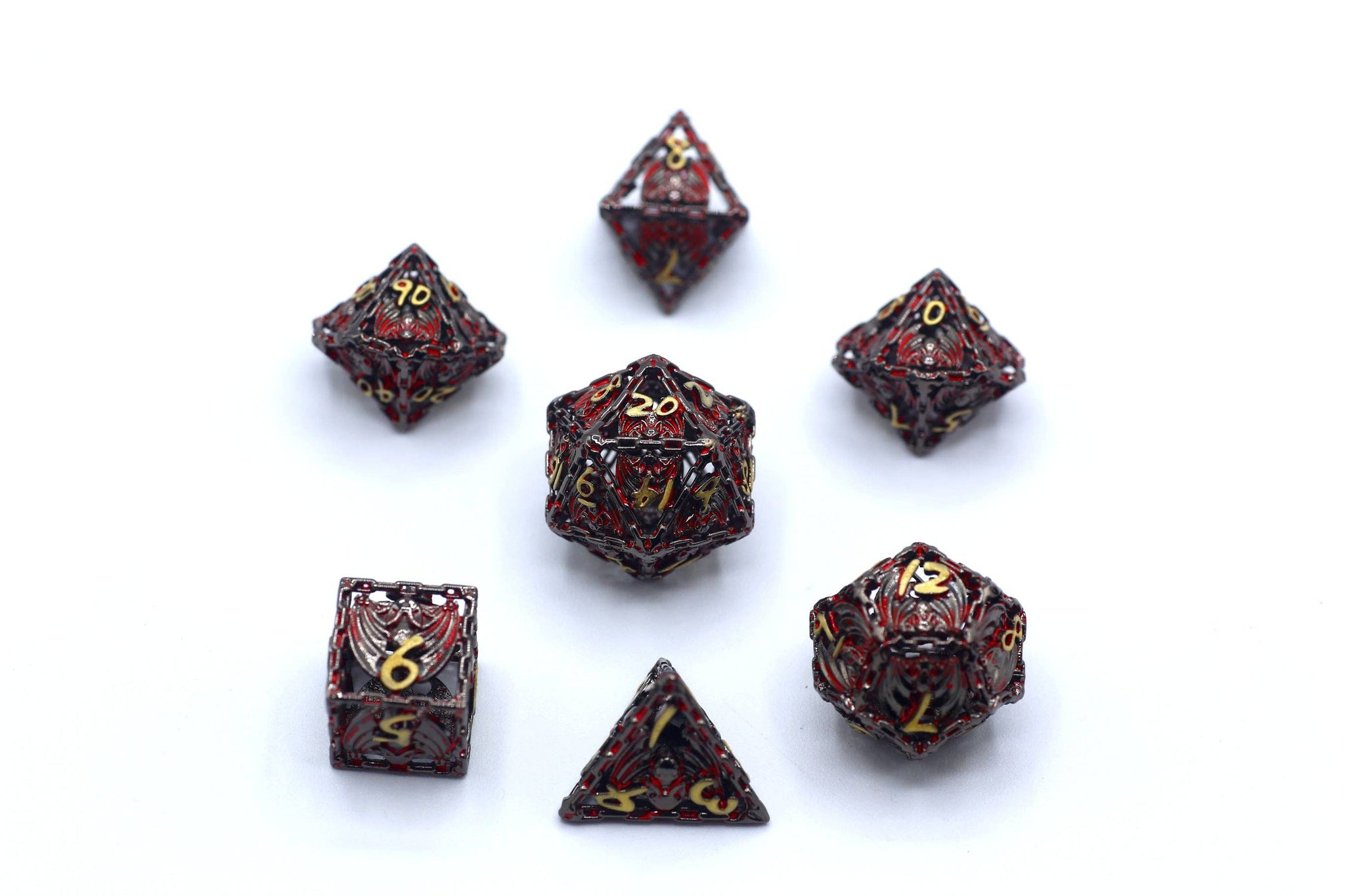 Hollow Metal Bat Polyhedral Dice Set - Gunmetal and Red