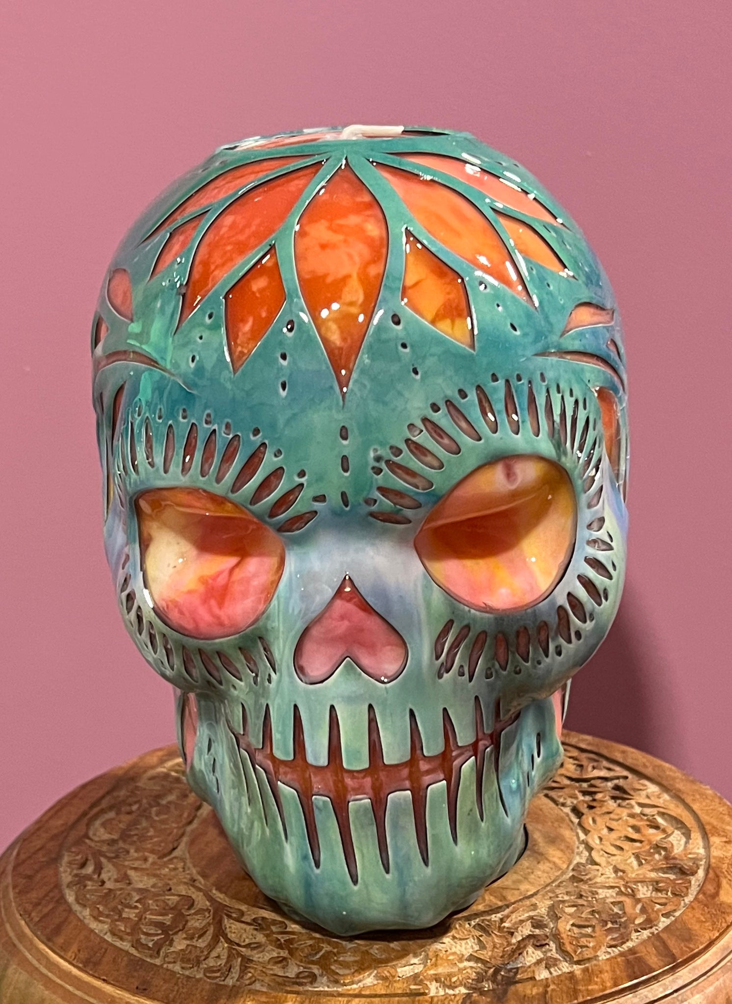 Teal Sugar Skull Large Candle